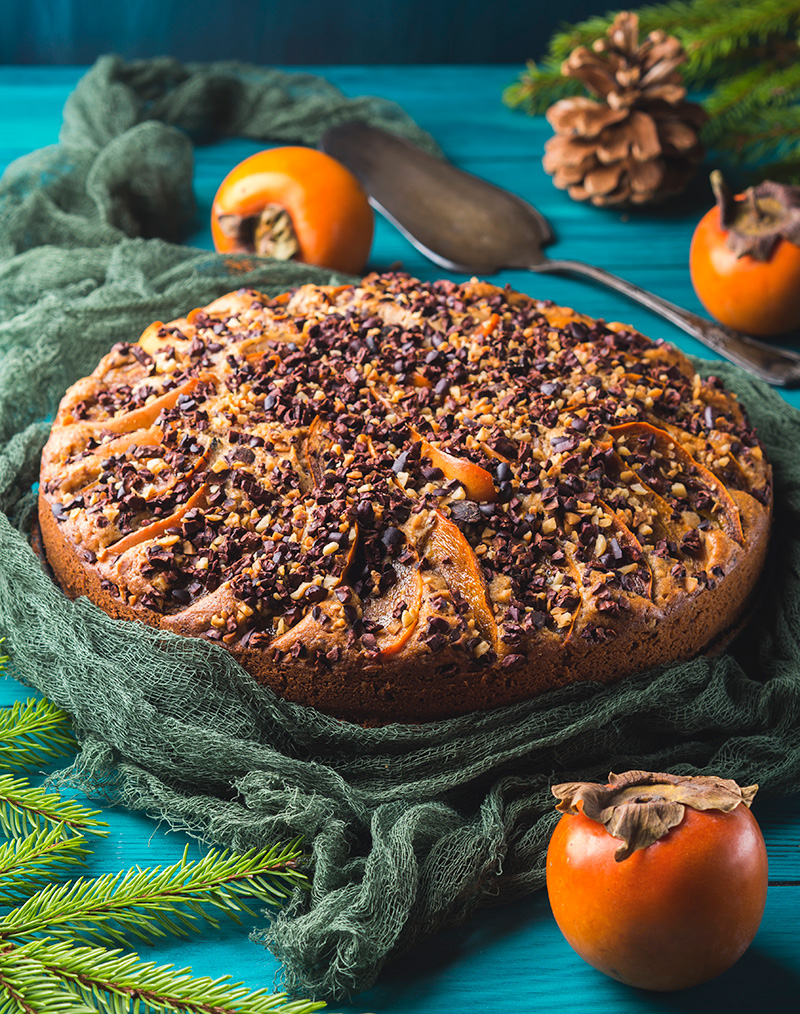 Wholemeal  persimmon cake with cocoa nibs and walnuts