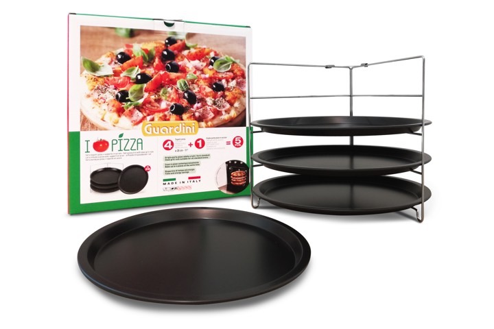 I love pizza: set 4 pizza tins + steel grill rack