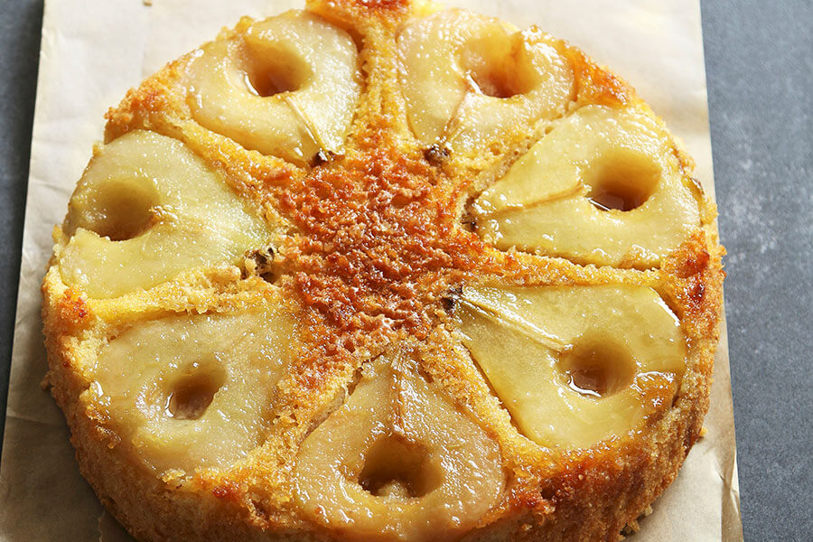 Pear cake on dark background