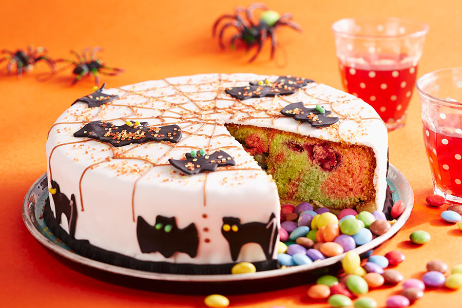 A Halloween cake, sliced (gluten-free)